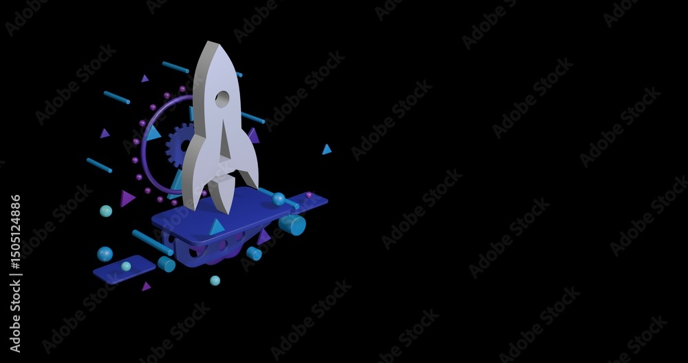 Poster white rocket on a pedestal of abstract geometric shapes floating in the air. abstract concept art wi