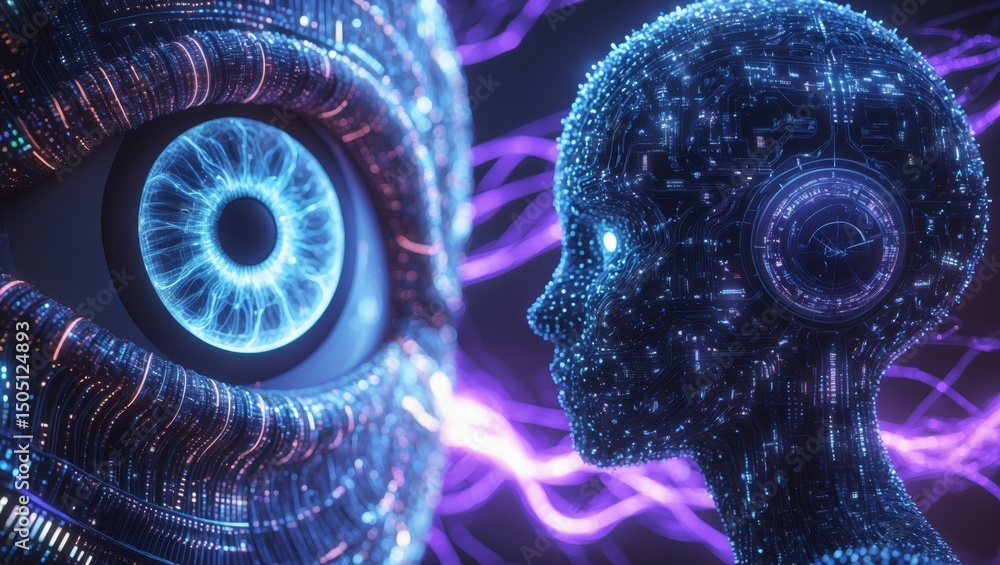 Poster confrontation between ai and nanorobot intelligence in a digital landscape filled with vibrant energ