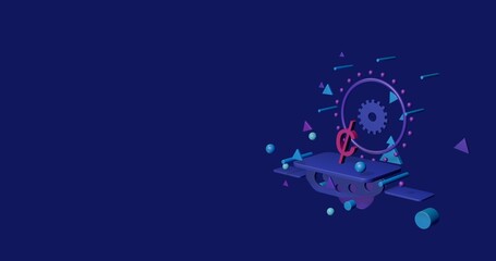 Fototapeta premium Pink cent symbol on a pedestal of abstract geometric shapes floating in the air. Abstract concept art with flying shapes on the right. 3d illustration on indigo background