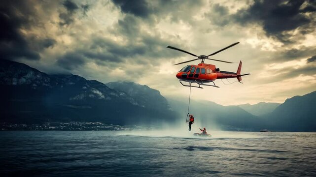A rescue helicopter is hovering in mid-air with a rescuer being lowered on a cable to a person in the water