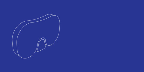 The outline of a large diving goggles symbol made of white lines on the left. 3D view of the object in perspective. Vector illustration on indigo background