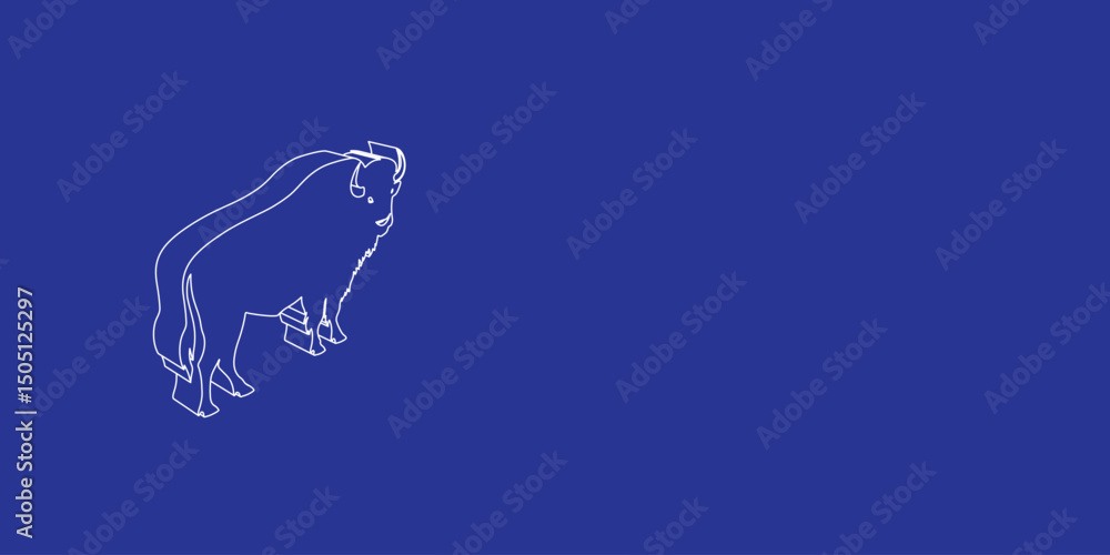 Poster the outline of a large buffalo symbol made of white lines on the left. 3d view of the object in pers