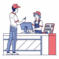 Vector illustration of service center counter with technician and customer, isolated on transparent background