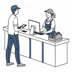 Vector illustration of service center counter with technician and customer, isolated on transparent background