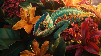 Obraz premium A chameleon with green and brown skin resting among vibrant flowers and lush green leaves in nature