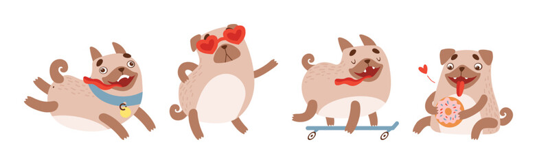 Funny Pug Dog Character Engaged in Different Activity Vector Set