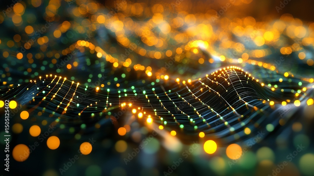 Aufkleber an abstract landscape with glowing nodes connected by lines forming a network on a wavy surface