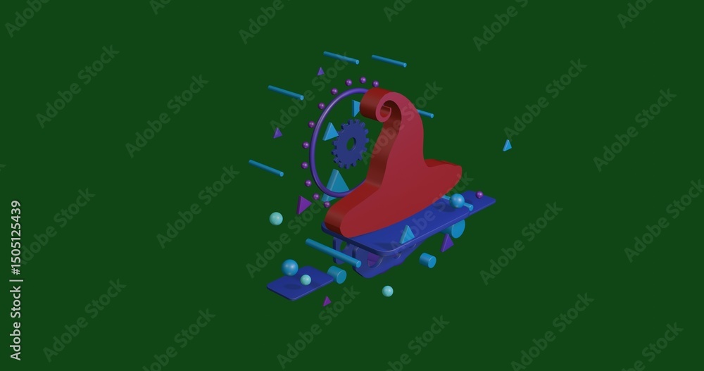 Poster red witch hat symbol on a pedestal of abstract geometric shapes floating in the air. abstract concep