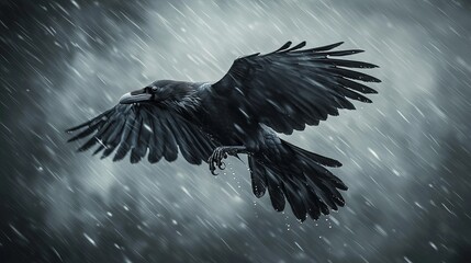 A raven flying through the rain with its wings spread wide open in a dark and stormy atmosphere outdoors