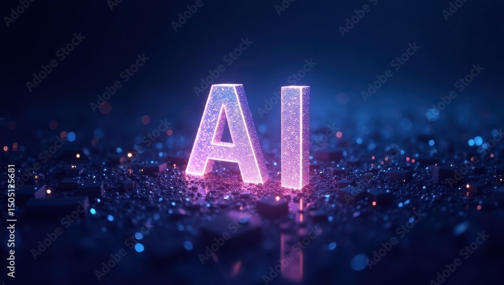 Poster open source ai illuminated by vibrant lights in a futuristic digital setting, showcasing advanced te