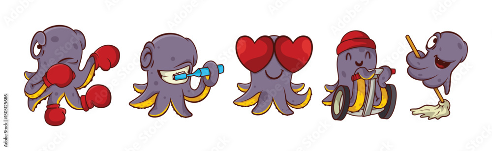 Poster funny octopus character engaged in different activity vector set