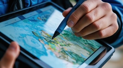 Person using tablet with map