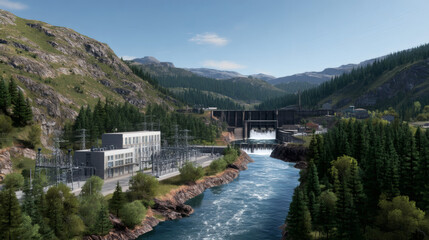 Fototapeta premium A hydroelectric dam surrounded by forested mountains and a flowing river under a clear blue sky.