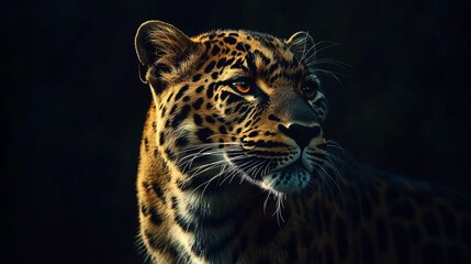 Obraz premium A close up of a leopard's face with a black background looking to the side with golden eyes and fur pattern