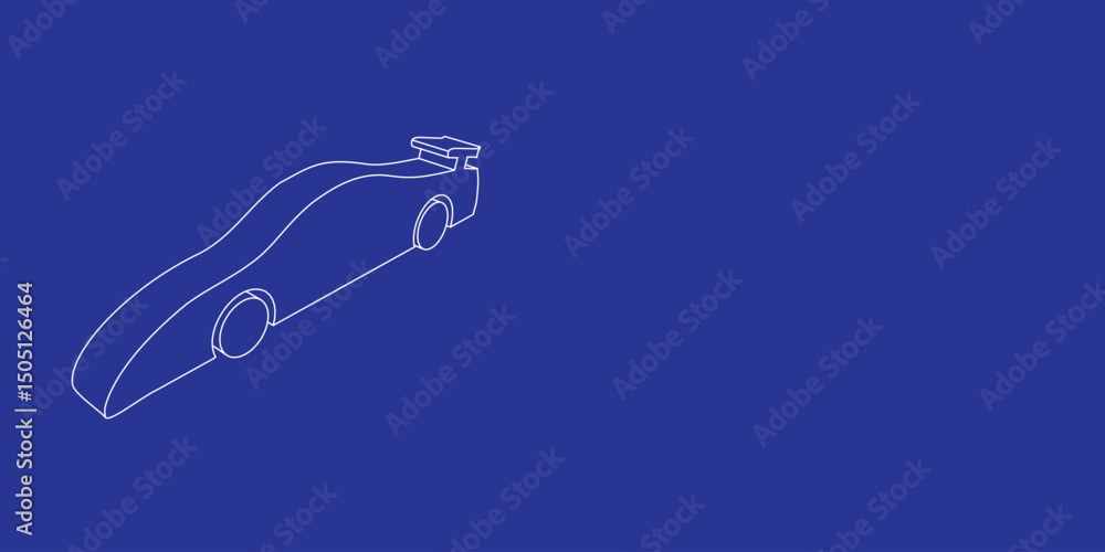 Poster the outline of a large sport car symbol made of white lines on the left. 3d view of the object in pe