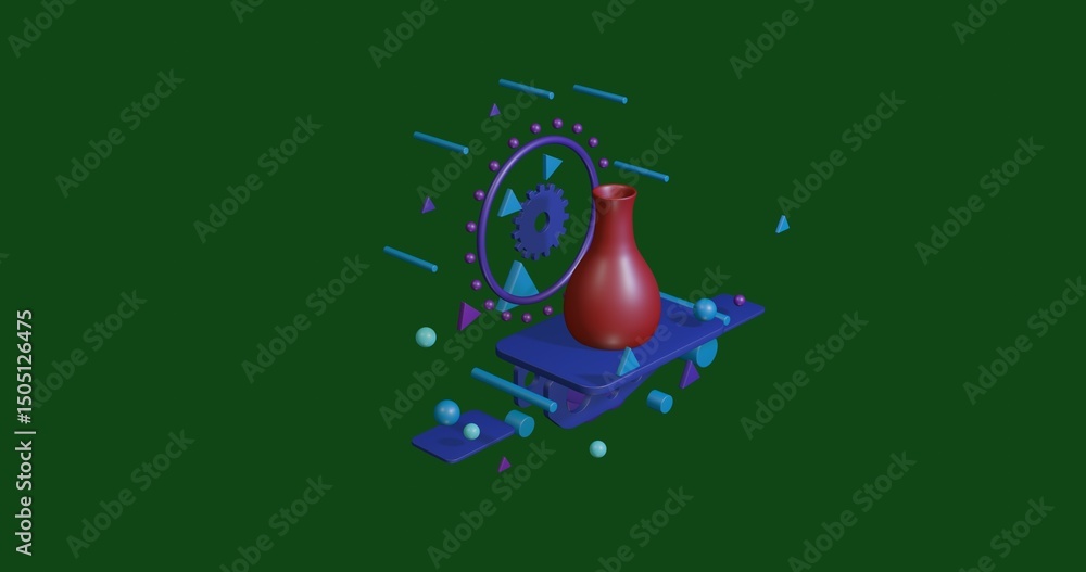 Poster red vase on a pedestal of abstract geometric shapes floating in the air. abstract concept art with f
