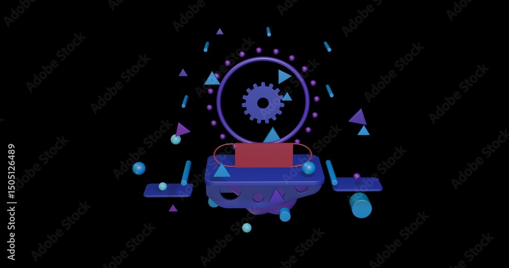 Aufkleber red mask symbol on a pedestal of abstract geometric shapes floating in the air. abstract concept art