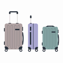 A set of three travel suitcases in different colors and sizes. Various types of travel luggage. Family travel suitcases, hand luggage and checked baggage.