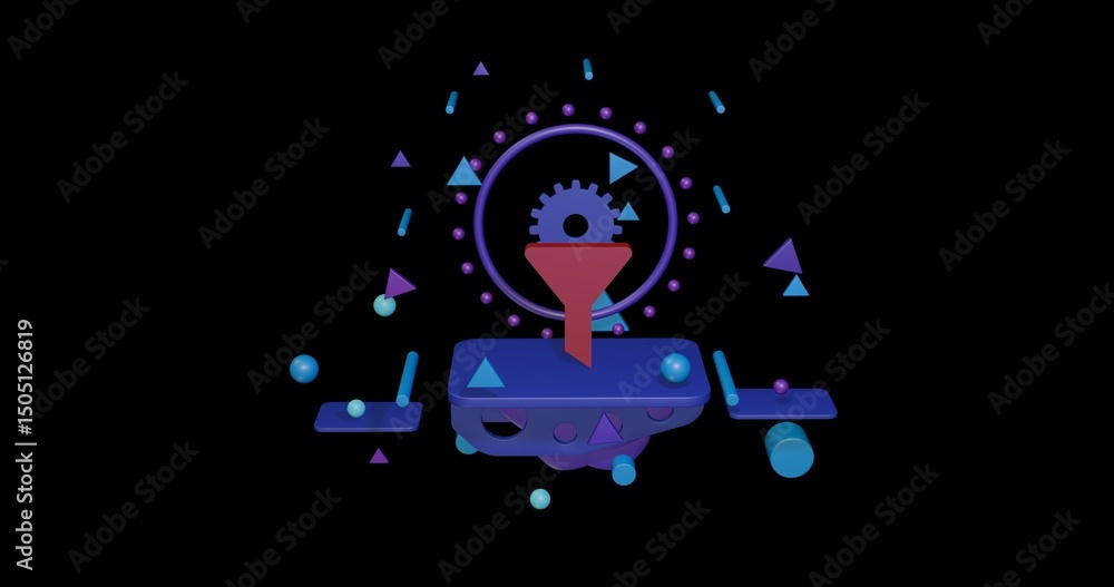 Poster red funnel symbol on a pedestal of abstract geometric shapes floating in the air. abstract concept a