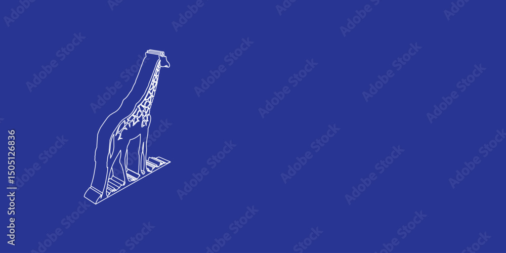 Poster the outline of a large wild giraffe symbol made of white lines on the left. 3d view of the object in
