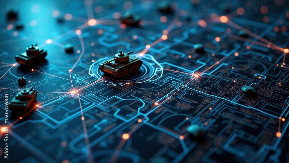 Poster military operations planned using ai technology on a digital map layout with tanks and strategic pat