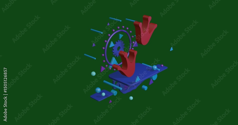 Aufkleber red frog tracks symbol on a pedestal of abstract geometric shapes floating in the air. abstract conc