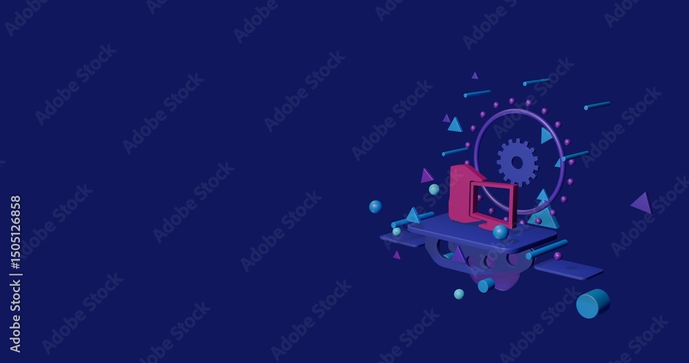 Poster pink desktop symbol on a pedestal of abstract geometric shapes floating in the air. abstract concept