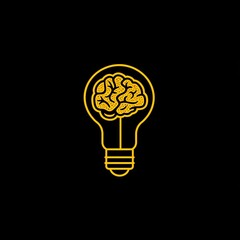yellow bulb with a human brain inside on a black background, symbolizing mind power, new ideas, creativity, and innovative thinking