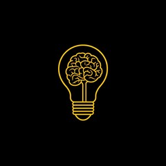 symbolic concept art of a yellow brain inside a lightbulb on a black background representing the power of human thinking