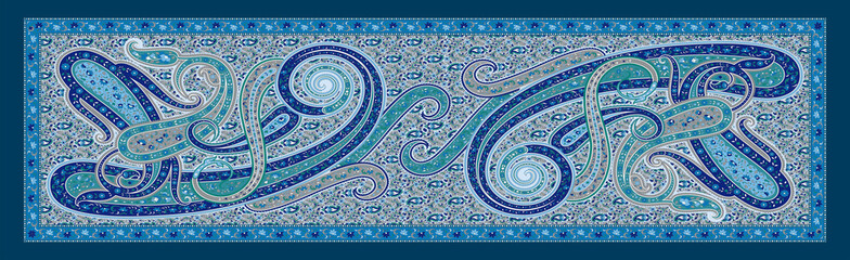 Elegant Blue Matching Ethnic Design – Digital Dupatta Print with Paisley and Floral Motifs