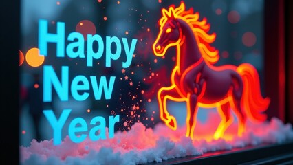 Vibrant neon horse display celebrating happy new year amidst snowy setting. symbol of 2026 Red Fire Horse New Year's background