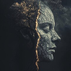 illustration of a woman's face showing emotional contrast between light and darkness representing duality in human nature