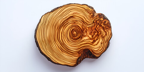 A close-up view of a cross-section of a wooden tree trunk, showcasing its detailed growth rings.