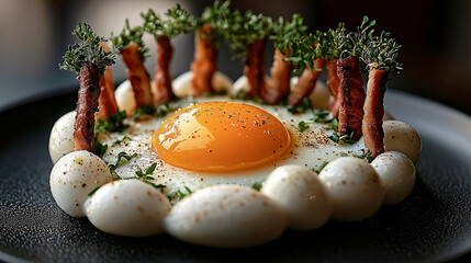 Sunny-side-up egg plated as an artistic landscape