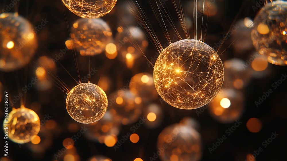 Poster a cluster of glowing golden spheres suspended in a dark space creating a bokeh effect background