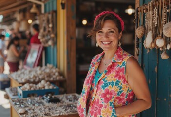 Obraz premium Seashell jewelry vendor smiling at her vibrant market stall