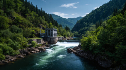 A small hydroelectric power station sits by a flowing river, surrounded by lush green forest and mountains under a blue sky.
