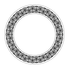 Round frame for design with Greek key, floral meander. Egyptian, Assyrian, Greek motif circular frame. Greece, ancient Rome. Circle european border. Template for textile, engraving, forging, embroider