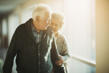 A church hallway after service with sunlight through windows A caregiver helps an elderly man walk with a steady pace It feels caring and respectful