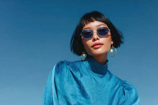 Fashion model wearing blue sunglasses and dress posing under blue sky