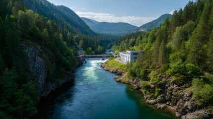 A river flows through a lush forested valley toward a hydroelectric dam surrounded by mountains and greenery under a bright sky.