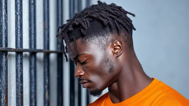 Portrait of a young man in an orange jumpsuit near prison bars