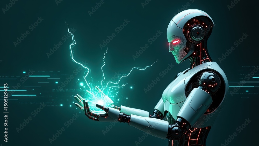 Poster cybernetic entity harnessing energy in a dark digital environment showcasing the potential of ai as 