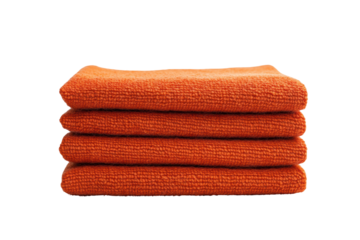 Four burnt orange microfiber cloths stacked neatly