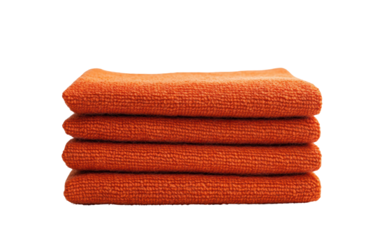Four burnt orange microfiber cloths stacked neatly