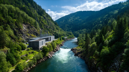 A modern hydroelectric power plant sits by a winding river in a lush green mountain valley under a bright blue sky.