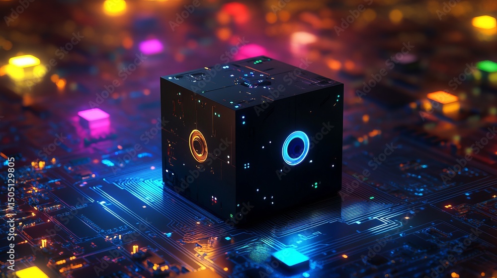 Poster a black cube with glowing circles on a circuit board surrounded by colorful lights and smaller cubes