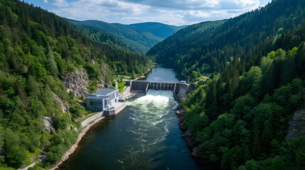 A hydroelectric dam nestled in a lush, forested valley with a river flowing through mountainous terrain under a partly cloudy sky.