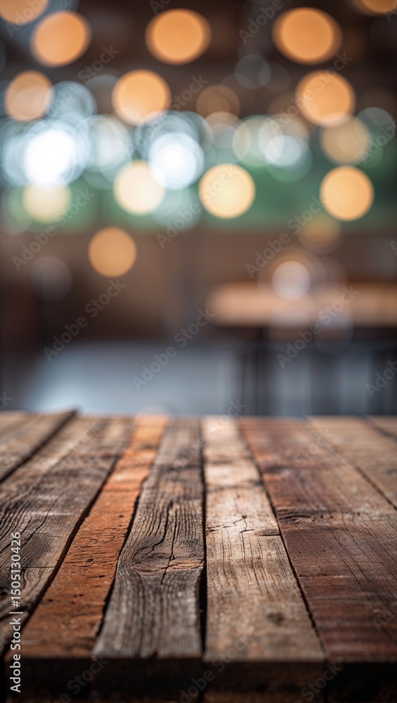 Aufkleber rustic wooden table surface in focus with blurred warm bokeh background and natural grain patterns