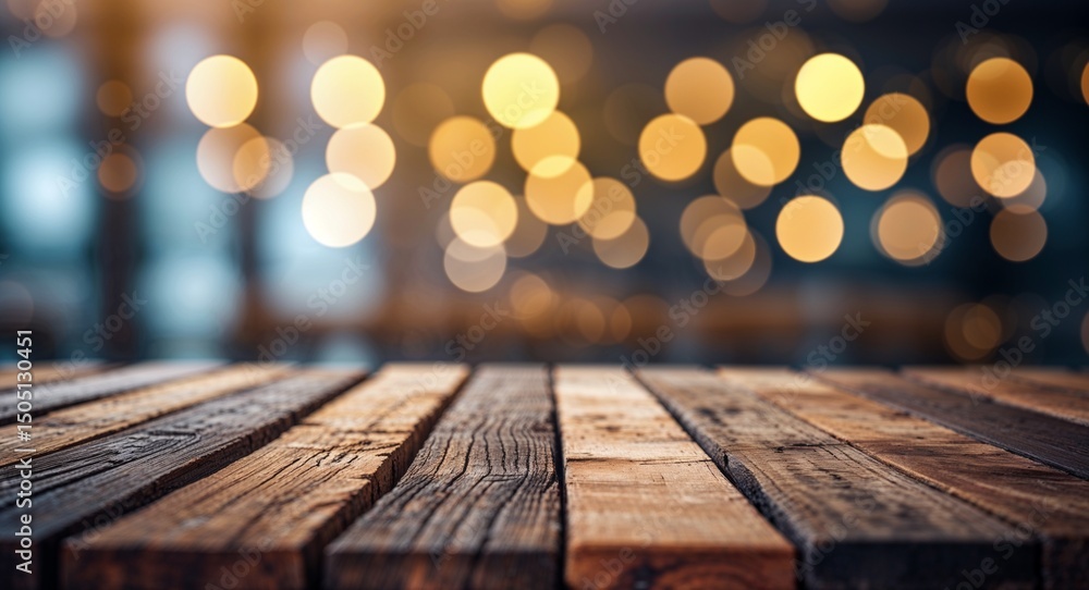Aufkleber rustic wooden table surface in focus with blurred warm bokeh background and natural grain patterns